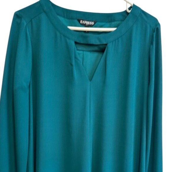 Express Emerald Green Holiday Dress Sz M Sheer Sleeves Triangle Keyhole Autumn - Picture 1 of 14